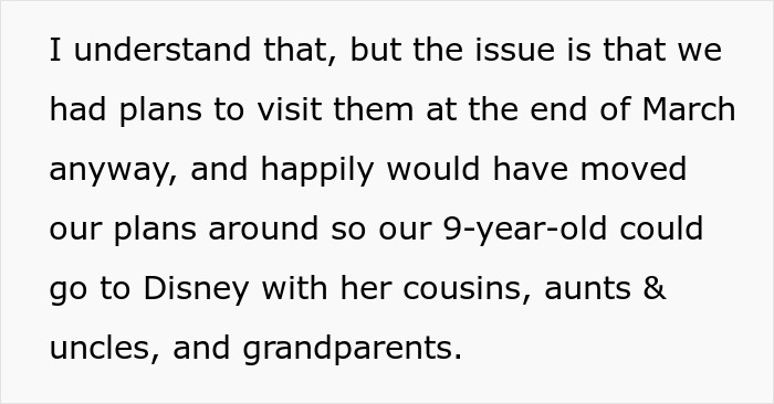 Text excerpt discussing plans for a 9-year-old to attend a Disney trip with family, causing mom to cut contact. Text excerpt discussing plans for a 9-year-old to attend a Disney trip with family, causing mom to cut contact.
