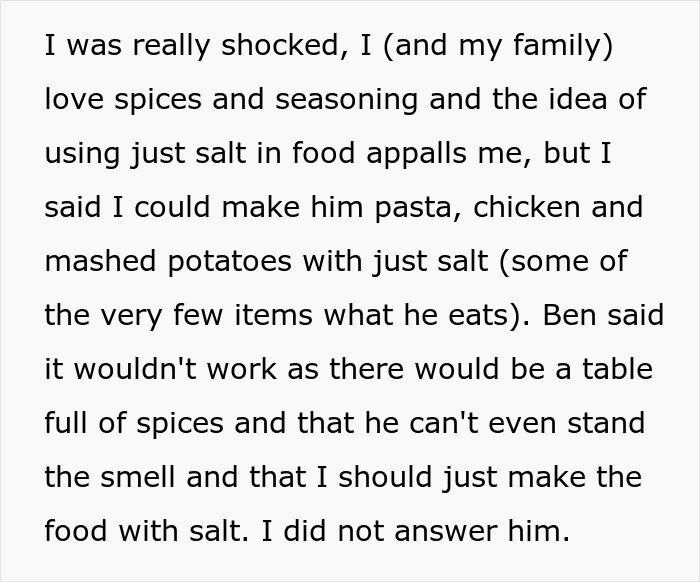Text excerpt showing a picky eater demanding a simple salt-only menu, causing tension with brother’s in-laws over Christmas food. Text excerpt showing a picky eater demanding a simple salt-only menu, causing tension with brother’s in-laws over Christmas food.