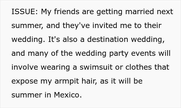 Text discussing discomfort over a bride and groom viewing a woman's hairy armpits as a personal insult at their wedding. Text discussing discomfort over a bride and groom viewing a woman's hairy armpits as a personal insult at their wedding.
