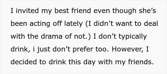 Screenshot of text about inviting a best friend to a party and drinking, mentions Mentally Unstable Woman