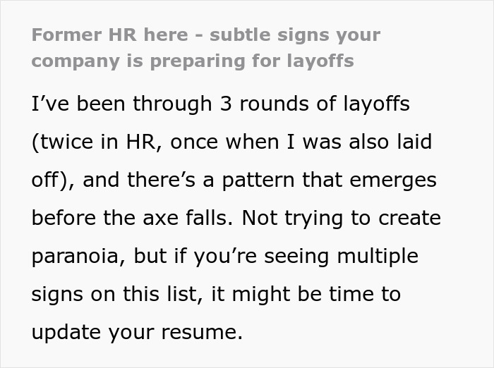 Text excerpt about subtle signs and red flags indicating your job may not be safe, advising resume updates.