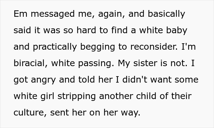 Text message about difficulty finding a white baby, discussing biracial identity and cultural concerns in adoption. Text message about difficulty finding a white baby, discussing biracial identity and cultural concerns in adoption.