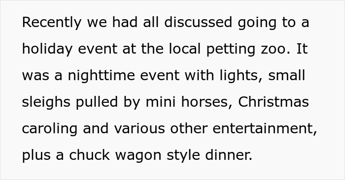 Text about a holiday event with lights, mini horse sleighs, Christmas caroling, and a chuck wagon style dinner.