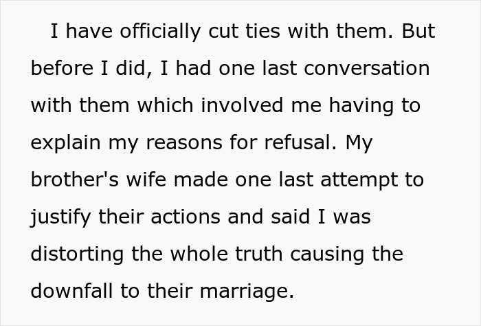 Screenshot of text about cutting ties with brother and his wife blaming money and family for marriage breakdown Screenshot of text about cutting ties with brother and his wife blaming money and family for marriage breakdown