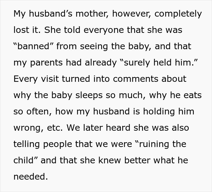 Text excerpt about a mother-in-law reacting negatively after a daughter-in-law’s premature birth and baby care.