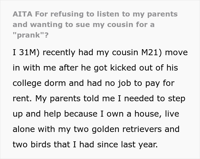 Text excerpt describing a man demanding cousin pay after a cruel prank and the aunt’s surprising reaction.