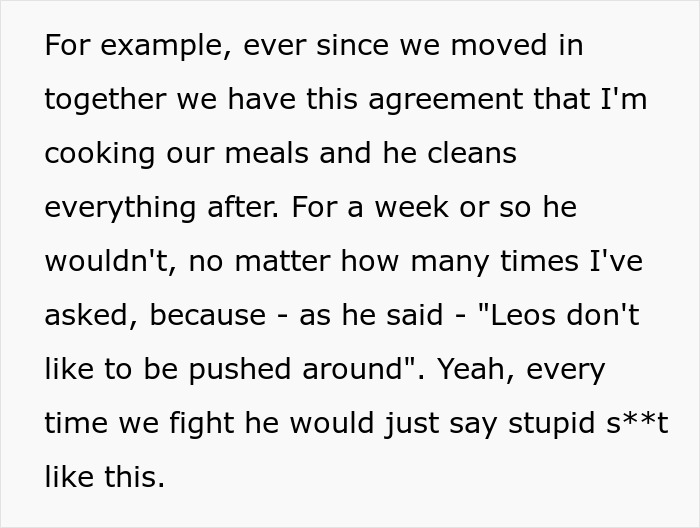 Text excerpt discussing a relationship conflict involving astrology and personality traits linked to Cancer and Leo signs.