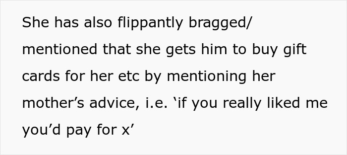 Text excerpt about a wife teaching their daughter to treat her boyfriend like a personal ATM, causing a dad to call out behavior.