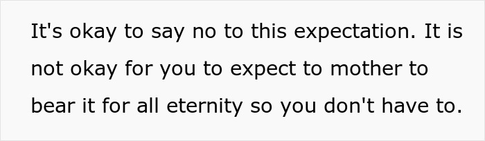 Text graphic with a message about rejecting unfair expectations placed on mothers to bear all labor indefinitely. Text graphic with a message about rejecting unfair expectations placed on mothers to bear all labor indefinitely.