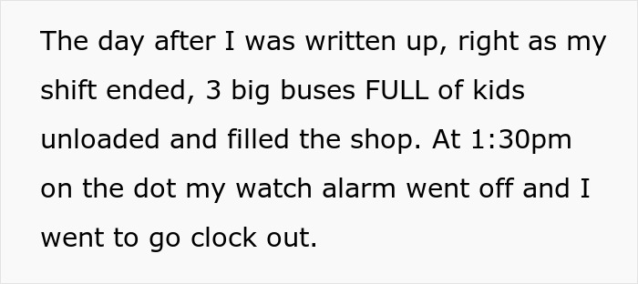 Text describing a coffee shop worker dealing with a challenging shift after a manager enforces strict rules.