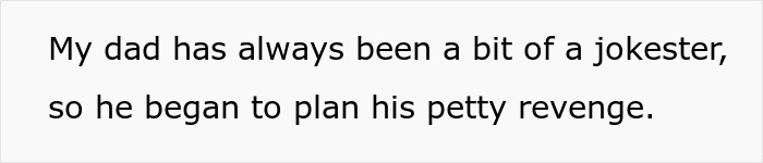 Text on a plain background reads about a dad planning petty revenge, highlighting rich aunt and Christmas gift conflict.