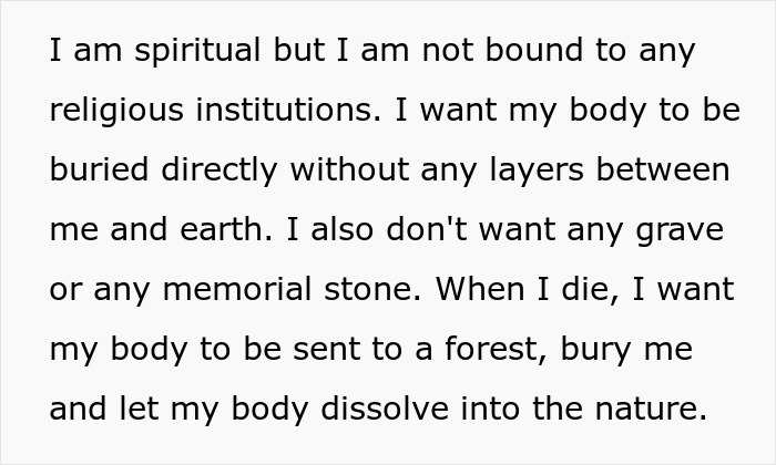 Text about a guy’s family and hometown reacting after he says he doesn’t want a funeral or memorial service. Text about a guy’s family and hometown reacting after he says he doesn’t want a funeral or memorial service.