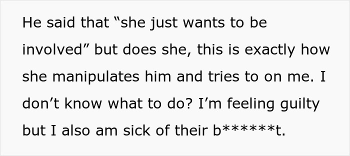 Text excerpt showing a wife feeling manipulated and frustrated as her husband won’t stand up to his mother.