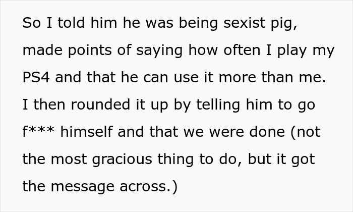 Text message discussing a guy mocking his girlfriend for playing video games to unwind, calling it ladylike. Text message discussing a guy mocking his girlfriend for playing video games to unwind, calling it ladylike.