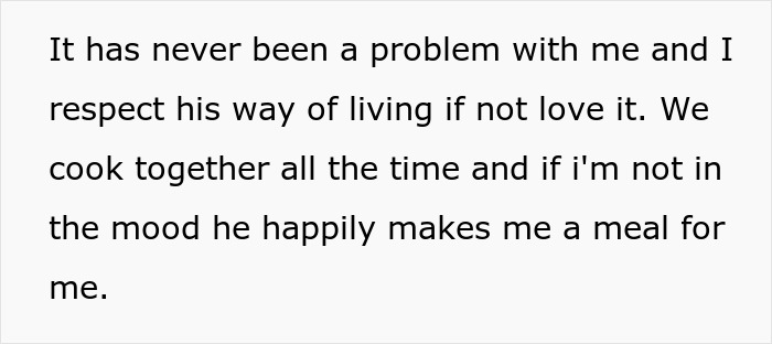 Text excerpt showing a person describing their respect for a partner’s way of living and cooking habits. Text excerpt showing a person describing their respect for a partner’s way of living and cooking habits.