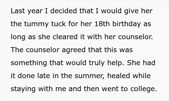 Text showing a story about an aunt paying for her niece’s tummy tuck after counselor approval in a supportive family drama.
