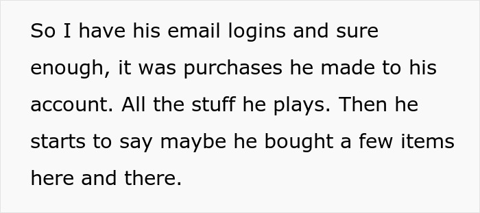 Text excerpt showing a person explaining how they confirmed game purchases using email logins after their nephew used their credit card.