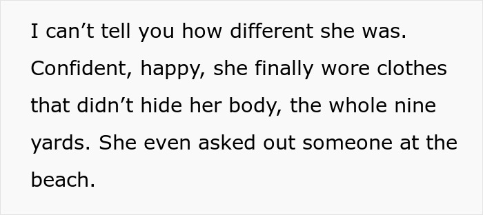 Text excerpt showing a niece’s transformation and confidence after aunt pay niece tummy tuck drama resolution.