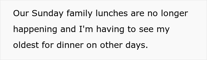 Text image showing a message about family lunches no longer happening and having dinner with oldest child on other days.
