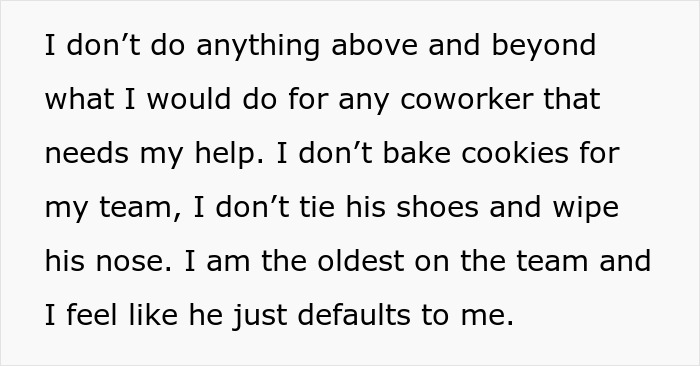 Text from a woman expressing feeling weird as her coworker insists on calling her his work mom despite her only doing basic help.