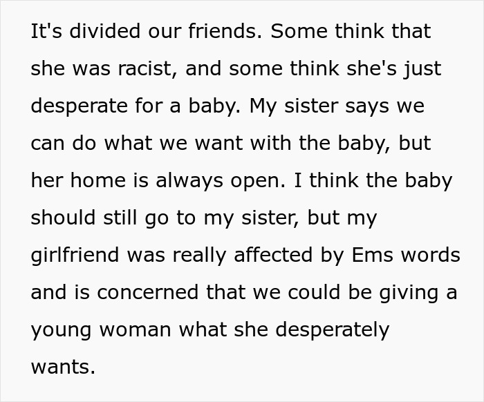 Text discussing a racial controversy involving a lady wanting her friend's white baby and adoption concerns. Text discussing a racial controversy involving a lady wanting her friend's white baby and adoption concerns.