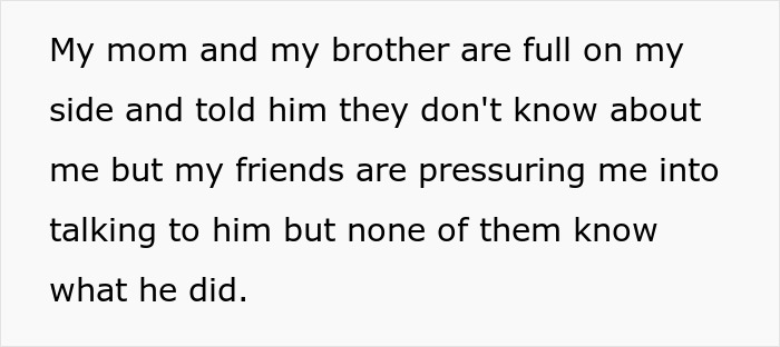 Text on a white background describing friends pressuring someone to talk despite not knowing what he did, related to breaking up ultimatum over ring. Text on a white background describing friends pressuring someone to talk despite not knowing what he did, related to breaking up ultimatum over ring.
