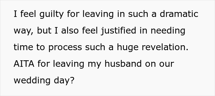 Text excerpt discussing a bride feeling guilty yet justified after overhearing groom’s revelations and leaving him on wedding day.