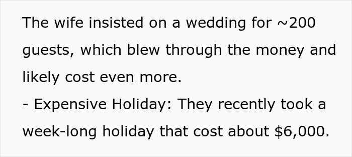 Screenshot of text about wife spending on a 200-guest wedding and $6,000 holiday, brother money wife family strain. Screenshot of text about wife spending on a 200-guest wedding and $6,000 holiday, brother money wife family strain.