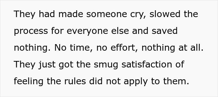 Text passage describing a hostile encounter over luggage policy causing delays and emotional distress to an airline worker. Text passage describing a hostile encounter over luggage policy causing delays and emotional distress to an airline worker.
