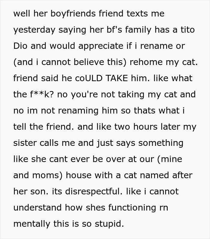 Text post describing a sister demanding family rehomes or renames 11-year-old cat due to sharing a name with her son. Text post describing a sister demanding family rehomes or renames 11-year-old cat due to sharing a name with her son.