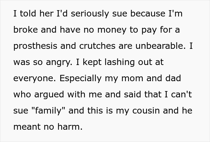 Text excerpt showing a man demanding cousin pay for his cruel prank and facing backlash from family members. Text excerpt showing a man demanding cousin pay for his cruel prank and facing backlash from family members.