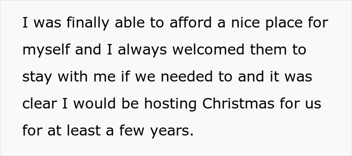Text excerpt about guy kicking siblings out after they reveal surprise plan, explaining hosting Christmas at his place.