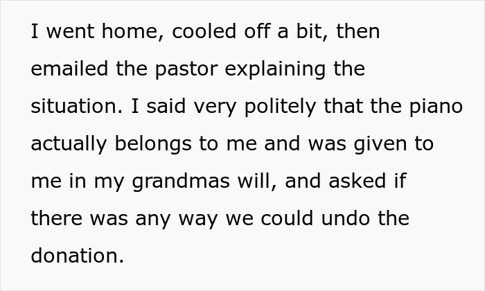 Text excerpt describing a daughter asking a pastor to undo the donation of her inherited piano to the church.