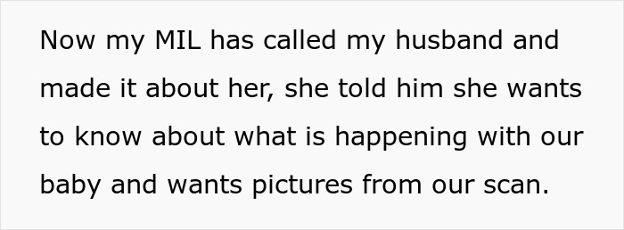 Text message discussing a mother-in-law involving the husband and requesting baby scan pictures.