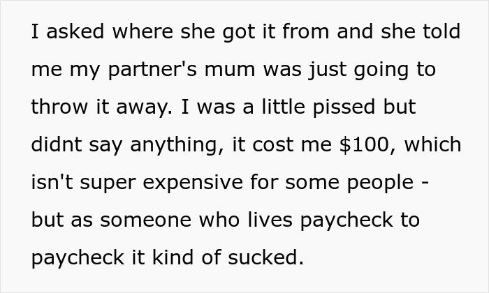 Text excerpt showing a woman upset about her son’s partner bringing a gift despite being asked not to receive tacky little trinkets. Text excerpt showing a woman upset about her son’s partner bringing a gift despite being asked not to receive tacky little trinkets.