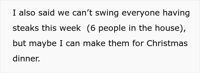 Text showing a message about not being able to provide steaks for six people, with a suggestion to make them for Christmas dinner. Text showing a message about not being able to provide steaks for six people, with a suggestion to make them for Christmas dinner.