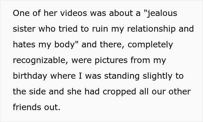 Alt text: Woman angry her sister built TikTok fame by lying with edited birthday photos showing jealousy and relationship sabotage.