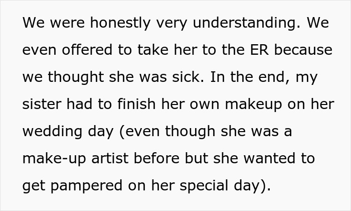 Text excerpt about a makeup artist pretending to be sick on a woman's wedding day, causing her to do her own makeup.