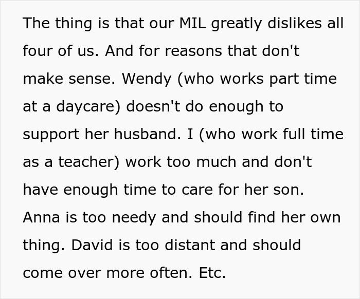Text excerpt from women explaining why MIL dislikes them, relating to women ruining MIL’s surprise visit. Text excerpt from women explaining why MIL dislikes them, relating to women ruining MIL’s surprise visit.