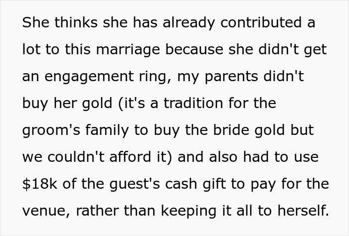 Screenshot of wedding complaint text about $18k venue and missing bride gold, brother-money-wife-family dispute. Screenshot of wedding complaint text about $18k venue and missing bride gold, brother-money-wife-family dispute.