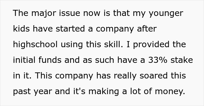 Text about man upset as dad didn’t pass on craft skills, while half-brothers start a successful business using them.