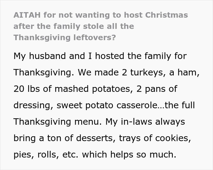 Text excerpt discussing a Thanksgiving host shocked by family clearing all leftovers, leaving an empty fridge.