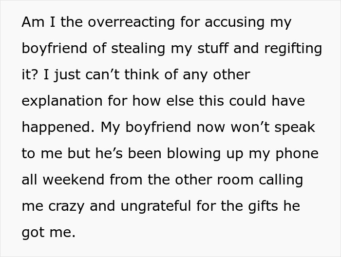 Woman confused about Christmas gifts from boyfriend that are identical to items missing from her home.