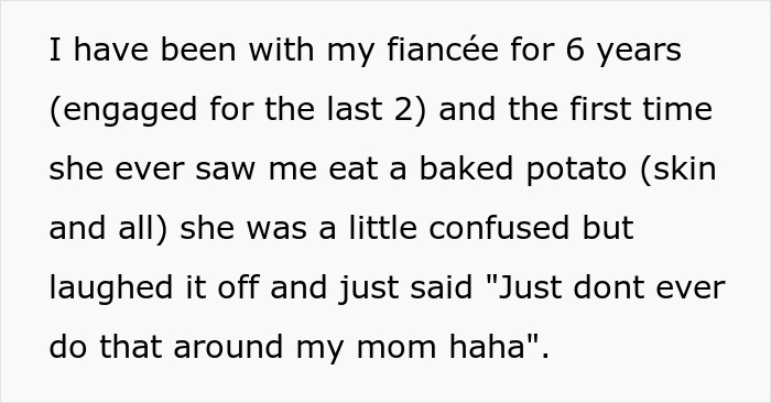 Man eating baked potato with skin, confused reaction from fiancée’s mother about his eating choice.