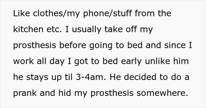 Text excerpt about a man’s prosthesis prank by his cousin and the surprising reaction from his aunt.