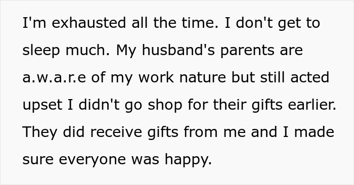 Text excerpt showing a woman explaining exhaustion and issues with husband’s parents during Christmas preparations.