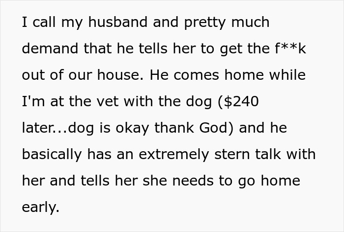 Text message describing a woman at the vet with the dog after MIL poisons family dog and is kicked out of their house.