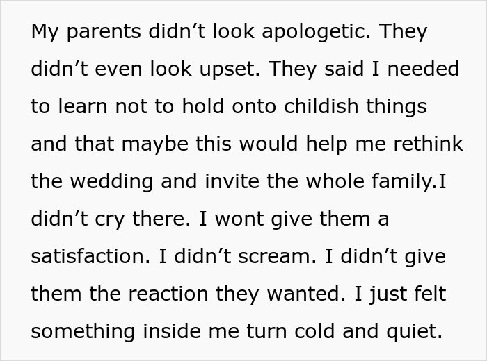 Text describing a man cutting off parents after their revenge in response to his plan for a small wedding.