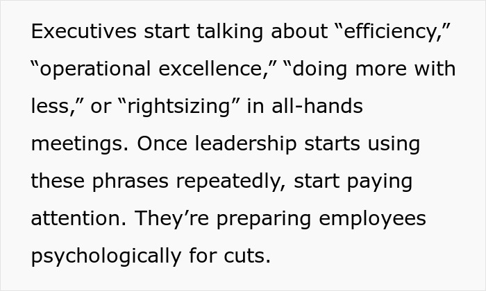 Text explaining subtle red flags indicating job insecurity like talks of efficiency and rightsizing in meetings.