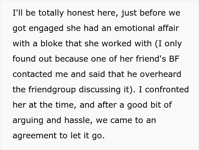 Text excerpt from a man sharing his experience with his fiancée’s emotional affair months before wedding. Text excerpt from a man sharing his experience with his fiancée’s emotional affair months before wedding.
